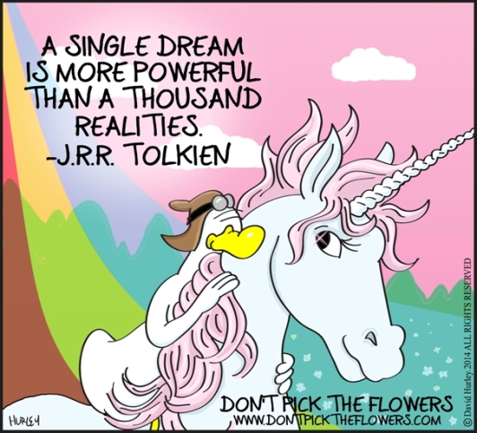 Duck and Unicorn, an extra Don't Pick the Flowers artwork with a quote from JRR Tolkien. 