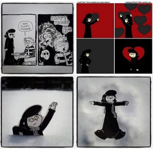 Top Left: A quick Friday the 13th Sketch posted on DPTF FB Page. Top Right: An Extra Comic for Valentine's Day. Bottom Left And Right: Suzanne enjoying the snow.