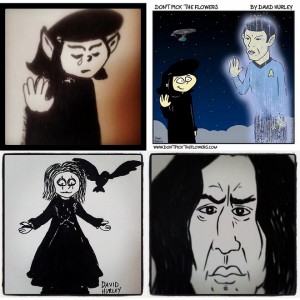 Top Left: A sketch honoring Leonard Nimoy after his death. Top Right: A comic honoring Leonard Nimoy, this was placed on GoComics Sherpa and DPTF FB Page. Bottom Left: Suzanne as The Crow. Bottom Right: My fun sketch of Severus Snape of Harry Potter. Click on Image to enlarge. 