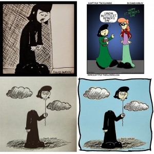 Top Right: An extra comic for St Patrick's Day, this was placed on GoComics Sherpa and DPTF FB Page. Bottom Left and Right: A sketch (then colored) of Suzanne and her floating balloon head. Click on Image to enlarge.