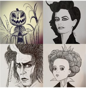 Top Left: Scarecrow from Sleepy Hollow. Top Right: Eva Green as Miss Peregrine. Bottom Right: Helena Bonham Carter as the Red Queen. Bottome Left: Johnny Depp in Sweeney Todd.