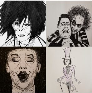 Top Left: Helena Bonham Carter as Ari in Planet of the Apes. Top Right: Glen Shadix as Otho an Michael Keaton as Beetlejuice in Beetlejuice. Bottom Right: Me trying to draw in the style of Tim Burton, Johnny Depp as Willy Wonka in Charlie and the Chocolate Factory. Bottom Left: Jack Nicholson as The Joker in Batman.