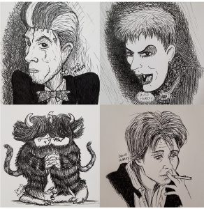 Top Left: My take on David Byrne as Frankenstein. Top Right: Annie Lennox as a Vampire. Bottom Left: A drawing of Emma Thompson as Karen Eiffel from the movie Stranger Than Fiction. Bottom Left: My little creation of two monsters dancing.