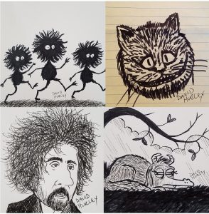 Top Left: My little fuzzy monsters. Top Right: The Cheshire Cat (at this point you can see things were getting hectic). Bottom Left: Another quick one, Tim Burton. Bottom Right: My little tired monster.