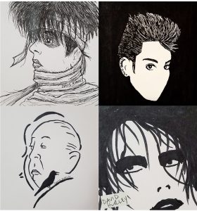 Top Left: Ian McCulloch from Echo and the Bunnymen in Mummy attire. Top Right: My congratulations art for Depeche Mode announcing their nomination into the Rock and Roll Hall of Fame. Bottom Right: Robert Smith of The Cure. Bottom Left: Alfred Hitchcock.