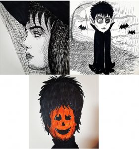 Top Left: Winona Ryder as Lydia Deetz in Beetlejuice. Top Right: My little odd Vampire drawing. Bottom: It was Halloween and Johnny Marr's 53 Birthday . . . a mashup! 